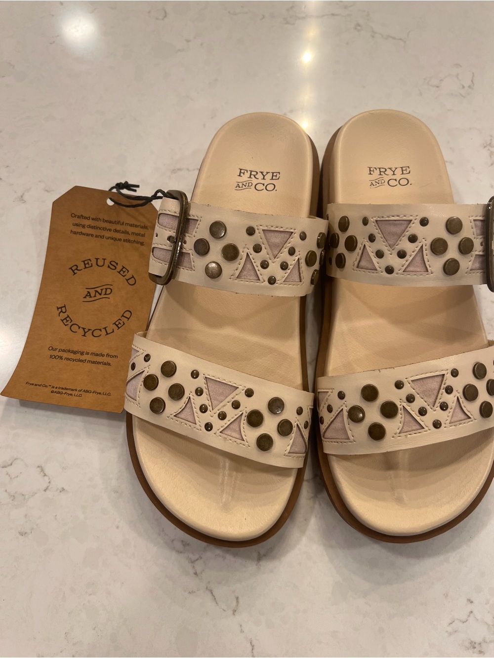FRYE AND CO. Beige Studded Leather Double-Strap Slide Sandals